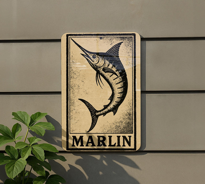 a sign with a marlin fish illustration, mounted on a wall.
