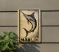 a sign with a marlin fish illustration, mounted on a wall.