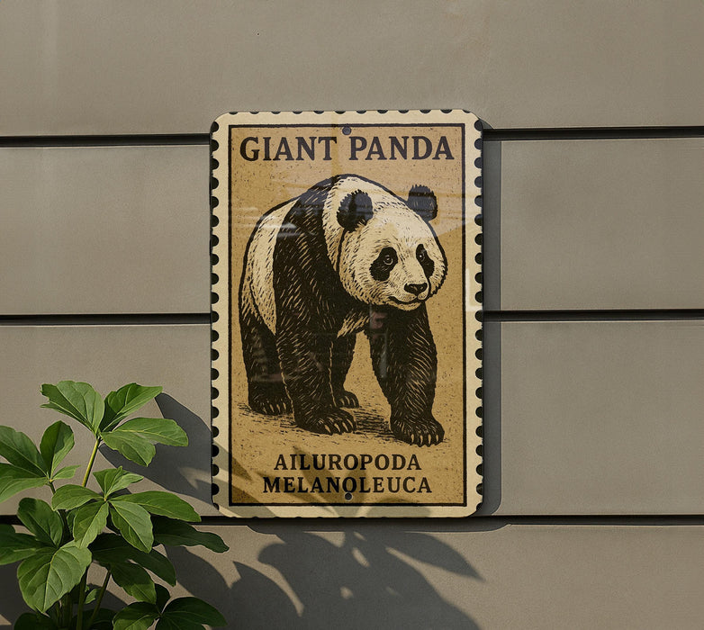 A large panda bear illustration on a sign, with the text "GIANT PANDA" and "AILUROPODA MELANOLLEUCA" below it.