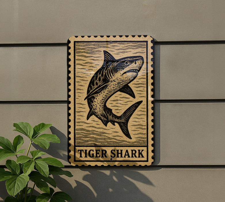 A wooden sign featuring a tiger shark illustration is mounted on a wall, with a plant visible to the left.