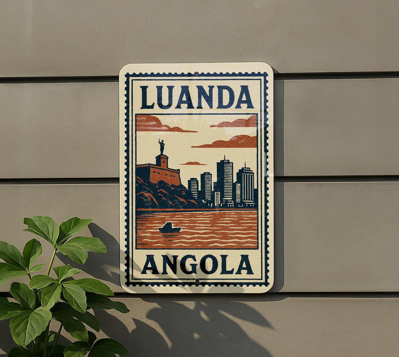 a sign that reads "LUANDA ANGOLA" with a cityscape and a boat depicted on it.