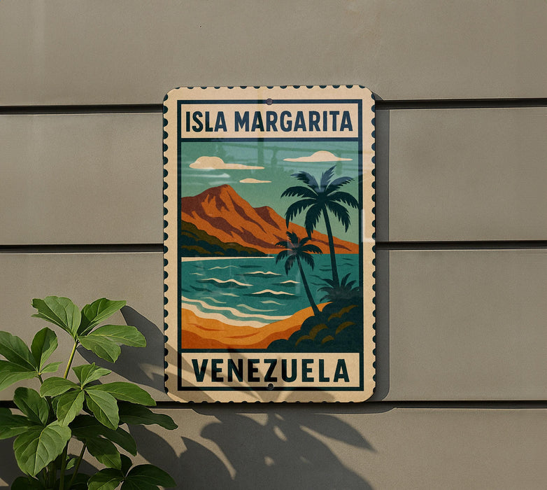 A vintage-style sign for "Isla Margarita" in Venezuela, featuring a tropical landscape with palm trees and mountains.