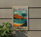 A vintage-style sign for "Isla Margarita" in Venezuela, featuring a tropical landscape with palm trees and mountains.