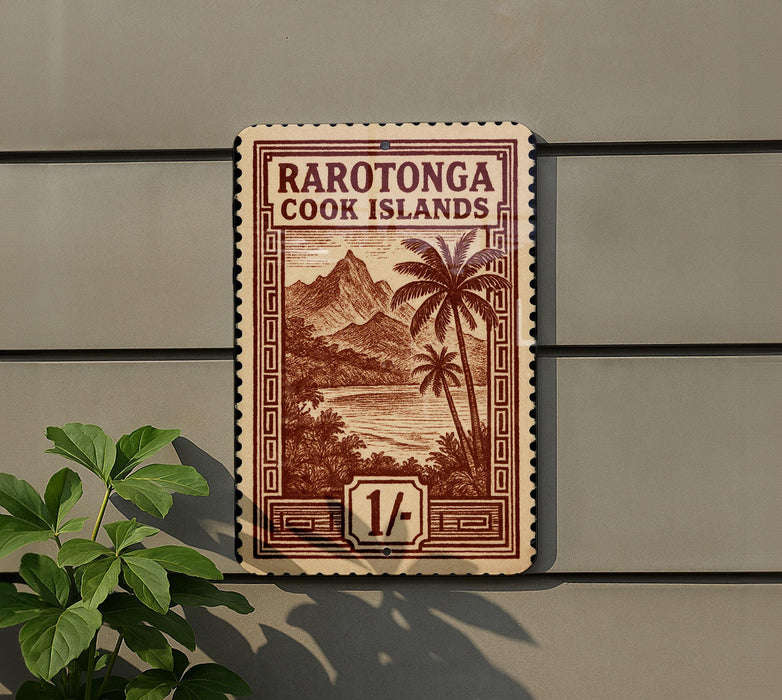 a sign that reads "Rarotonga Cook Islands" with a tropical island landscape and palm trees depicted on it.