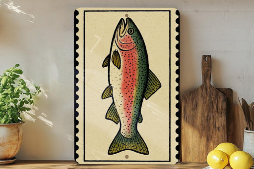 a framed illustration of a colorful fish, possibly a rainbow trout, on a wooden surface.