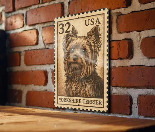 A wooden frame with a vintage-style postage stamp featuring a Yorkshire Terrier dog.