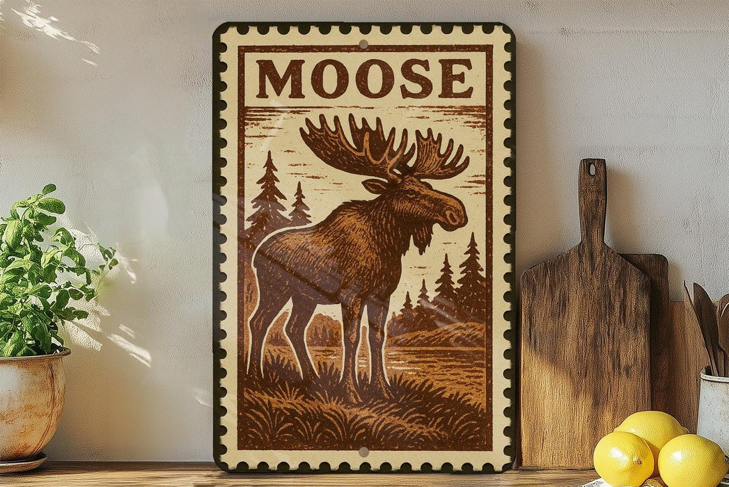A framed image of a moose is displayed on a shelf, surrounded by various kitchen utensils and a potted plant.