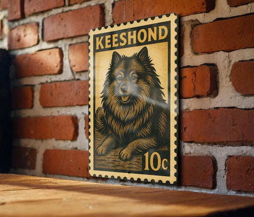 A wooden table with a vintage-style poster featuring a dog on it, mounted on a brick wall.