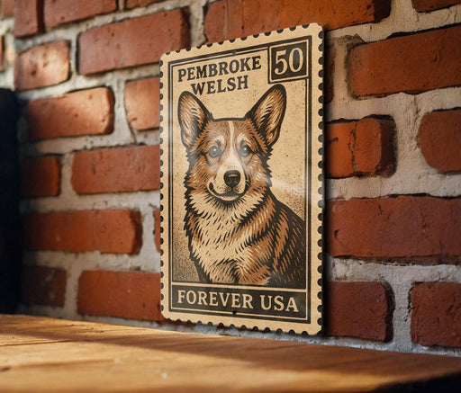 A wooden frame with a vintage-style stamp featuring a Corgi dog on a brick wall.