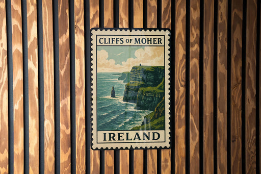 A vintage postage stamp depicting the Cliffs of Moher, a famous natural landmark in Ireland, is displayed on a wooden wall.