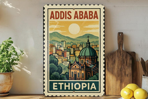 a vintage-style poster of Addis Ababa, Ethiopia, with a cityscape and a church in the background. The poster is displayed on a wall, and there are some kitchen utensils, such as a cutting board and a knife, visible in the foreground.
