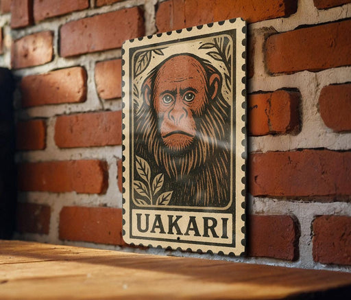 A wooden frame with a printed illustration of a monkey's face on a brick wall.
