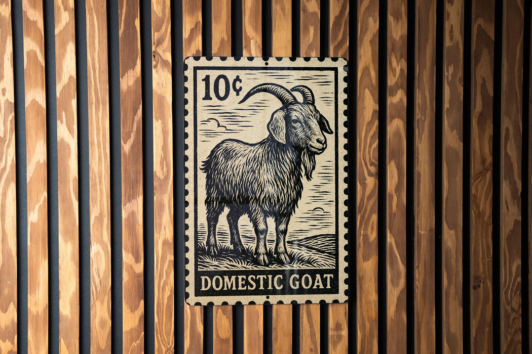 A black and white stamp depicting a domestic goat, with the text "DOMESTIC GOAT" printed on it.