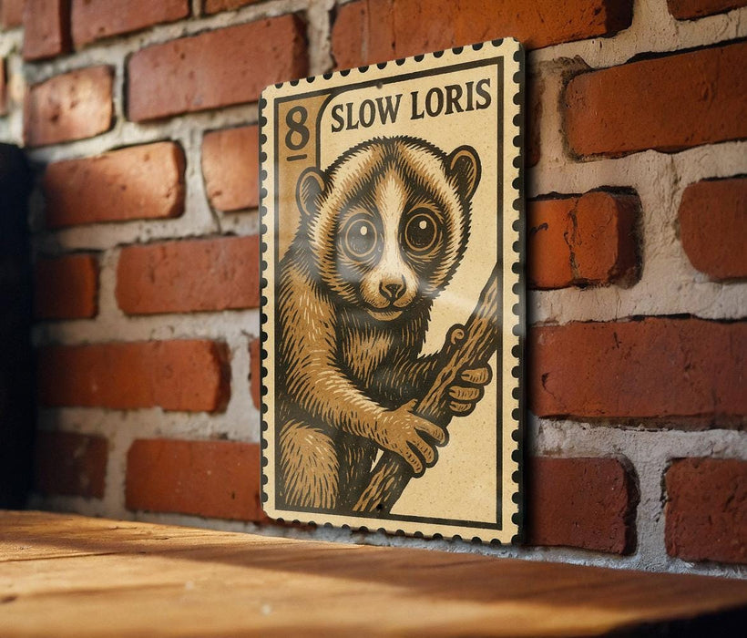 A wooden table with a wooden frame, and a framed illustration of a cute, furry animal, likely a koala, on the table.