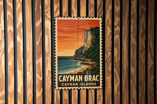 A vintage postage stamp depicting a scenic view of the Caribbean island of Cayman Brac, with a cliff overlooking the ocean.