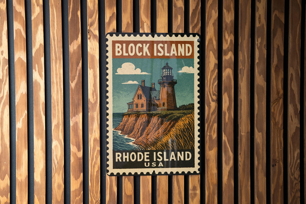 A vintage-style postage stamp depicting a lighthouse on Block Island, Rhode Island, USA.