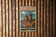 A vintage-style postage stamp depicting a lighthouse on Block Island, Rhode Island, USA.
