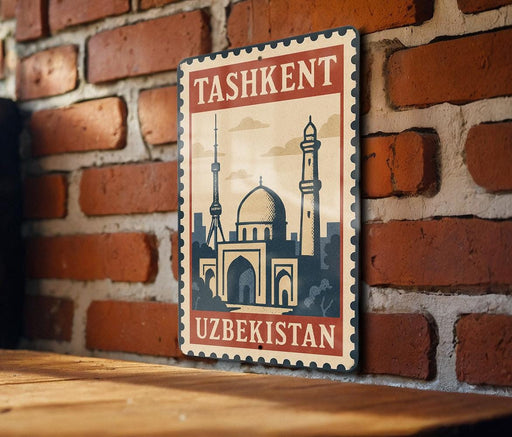 A vintage-style metal sign with the text "TASHKENT UZBEKISTAN" and an illustration of a mosque and a tower, mounted on a brick wall.