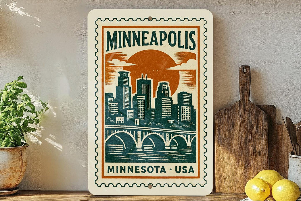 A Minnesota postage stamp featuring a cityscape with a bridge, surrounded by various kitchen utensils and a potted plant.