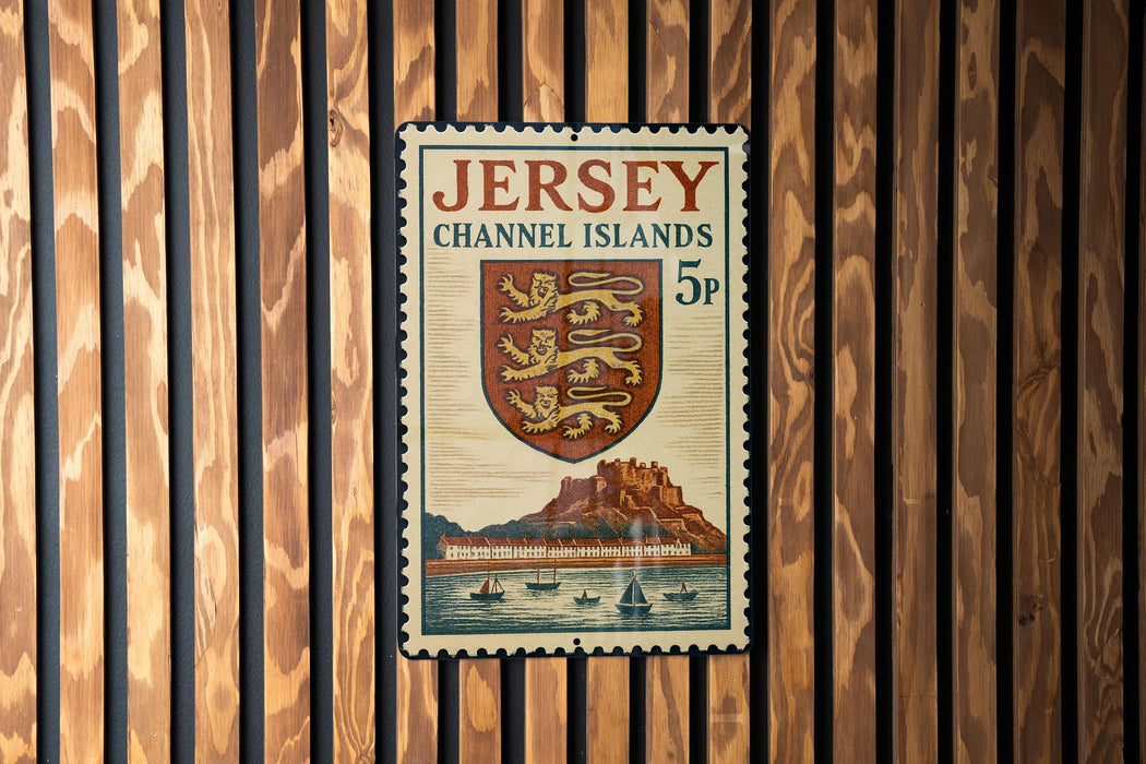 A Jersey Channel Islands postage stamp is displayed on a wooden wall.