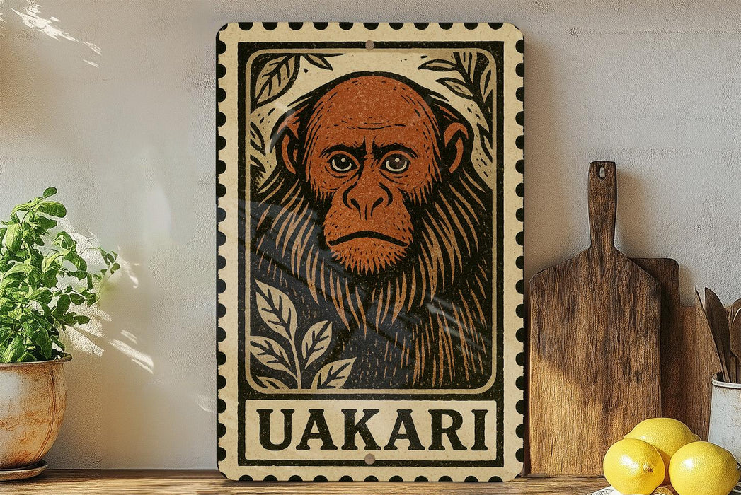 a wooden sign with a monkey illustration, placed on a shelf next to a potted plant and a wooden cutting board.