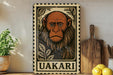 a wooden sign with a monkey illustration, placed on a shelf next to a potted plant and a wooden cutting board.