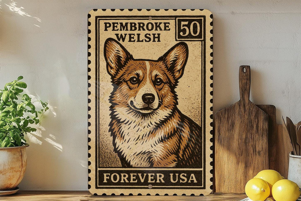 A wooden frame with a printed image of a corgi dog, which appears to be a postage stamp. The frame is placed on a wooden surface, and there are some kitchen utensils and a potted plant nearby.