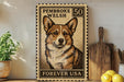 A wooden frame with a printed image of a corgi dog, which appears to be a postage stamp. The frame is placed on a wooden surface, and there are some kitchen utensils and a potted plant nearby.
