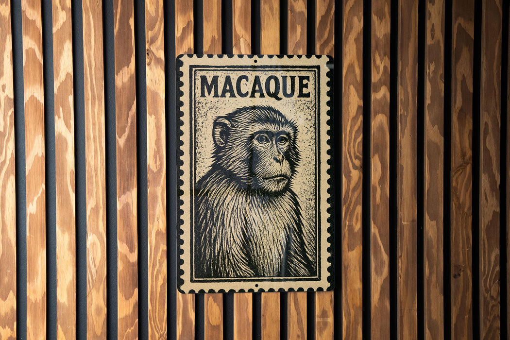 a wooden wall with a framed stamp-like artwork depicting a monkey.