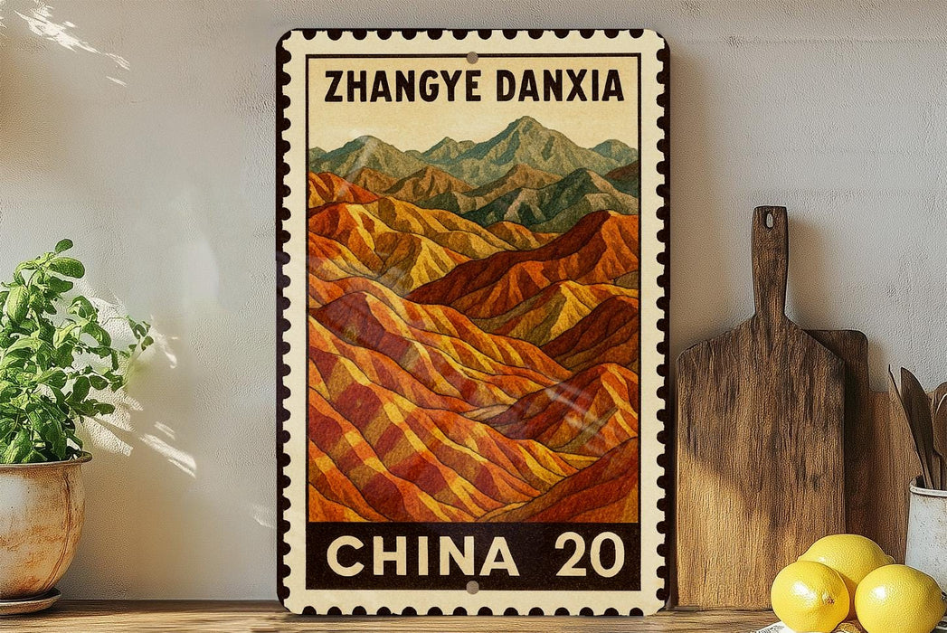A framed poster of a mountainous landscape with the text "Zhangye Dania" and "CHINA 20" printed on it, placed on a shelf next to a wooden cutting board and a potted plant.