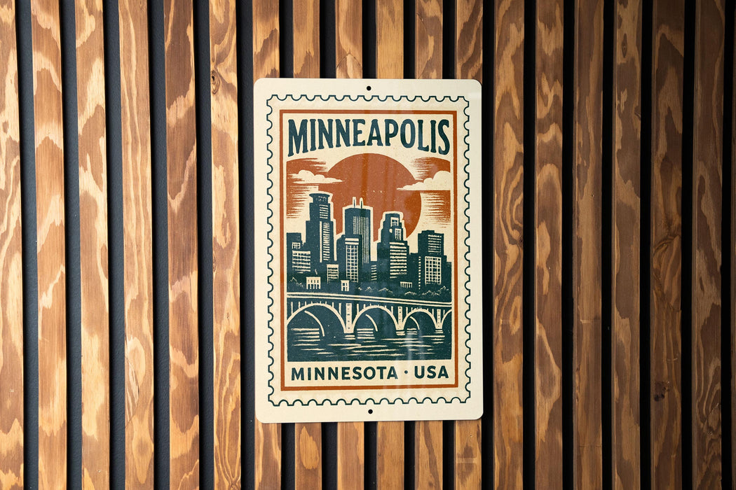 A Minnesota postage stamp featuring a cityscape and a bridge, mounted on a wooden wall.