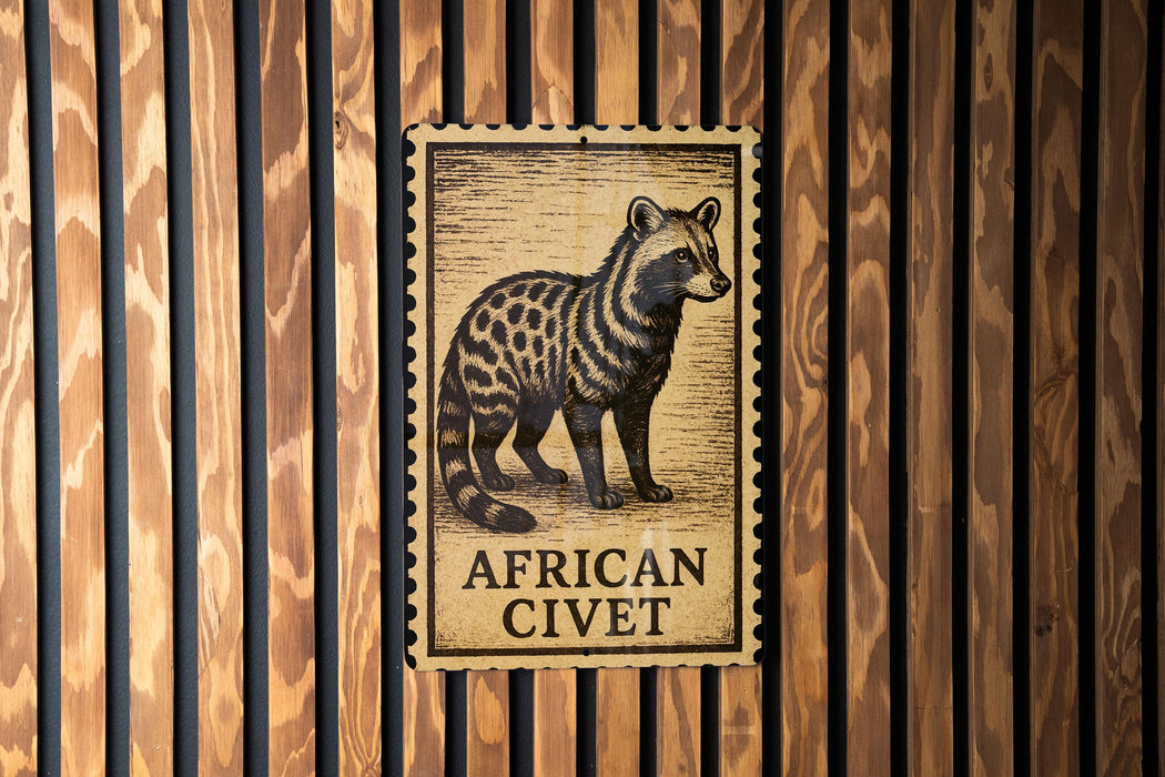 a stamp-like sign with an illustration of an African civet, mounted on a wooden wall.