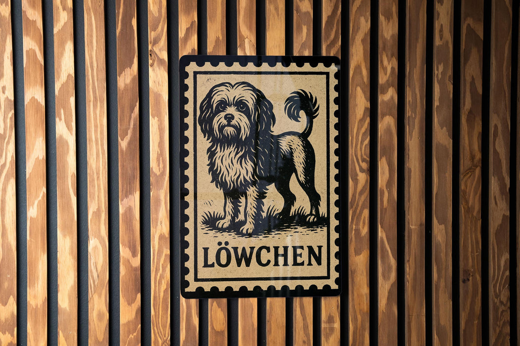 A black and white illustration of a dog is displayed on a wooden wall, with the word "LÖWCÖN" written below it.