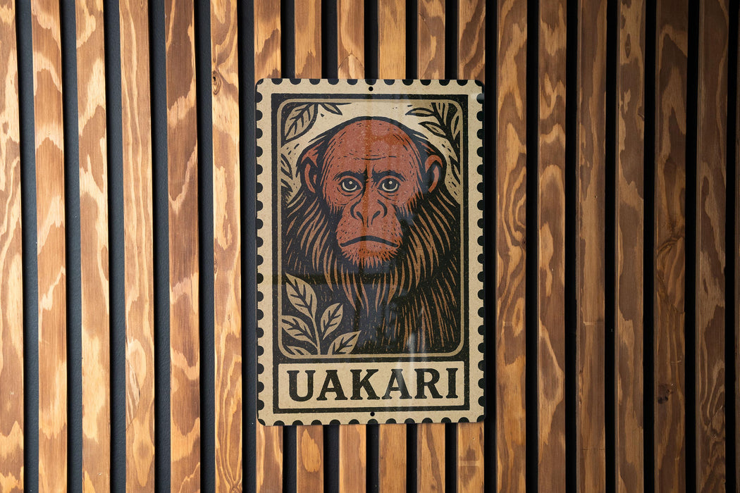 a wooden wall with a framed illustration of a monkey's face, which appears to be a decorative piece or a sign.