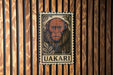 a wooden wall with a framed illustration of a monkey's face, which appears to be a decorative piece or a sign.