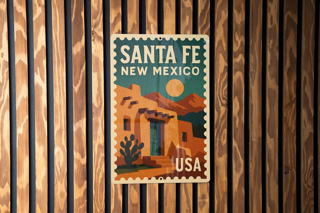 A vintage-style poster of Santa Fe, New Mexico, featuring a desert landscape with a cactus and mountains in the background.
