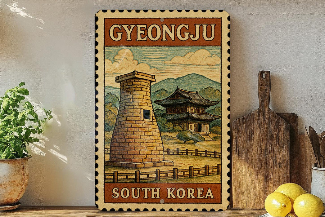 A vintage-style metal sign with a traditional Korean house and tower, surrounded by a wooden fence, is displayed on a shelf with a potted plant and a wooden cutting board.