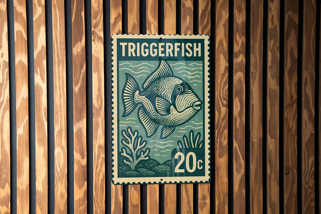 A green and white postage stamp featuring a fish is displayed on a wooden wall.