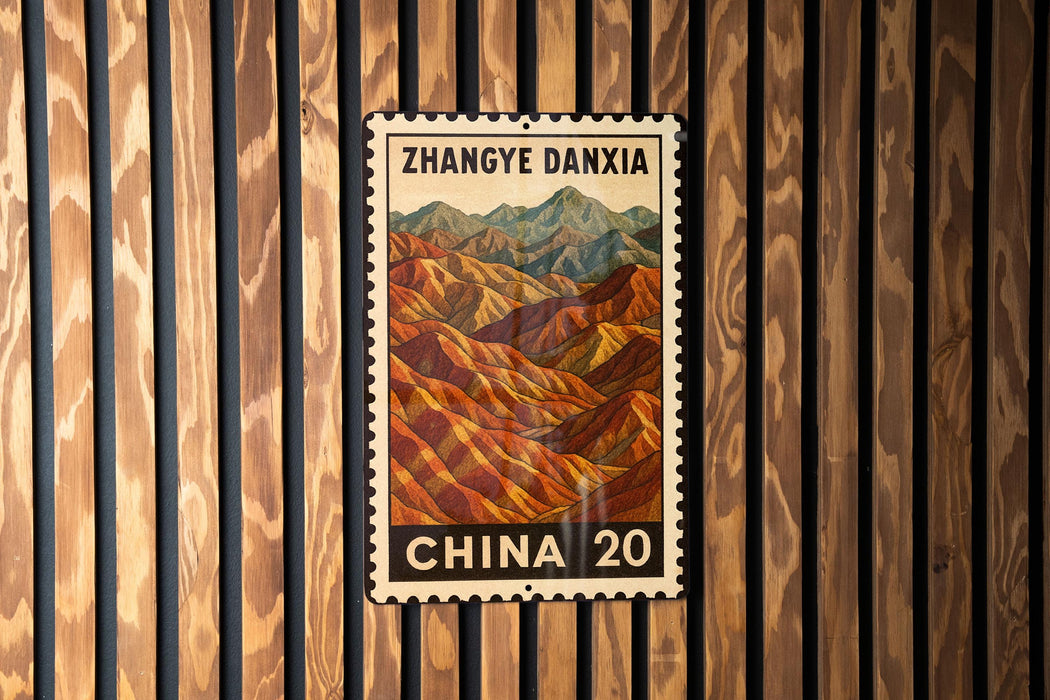 A postage stamp from China, featuring a mountain landscape, is displayed on a wooden wall.