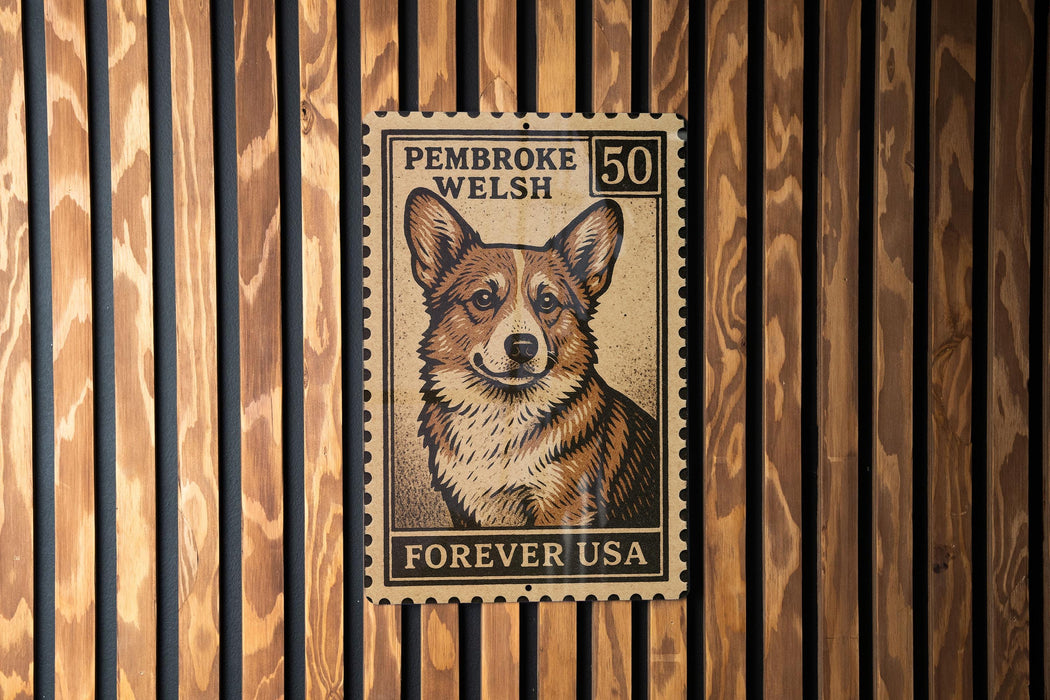 A wooden wall with a vintage-style postage stamp featuring a corgi dog.