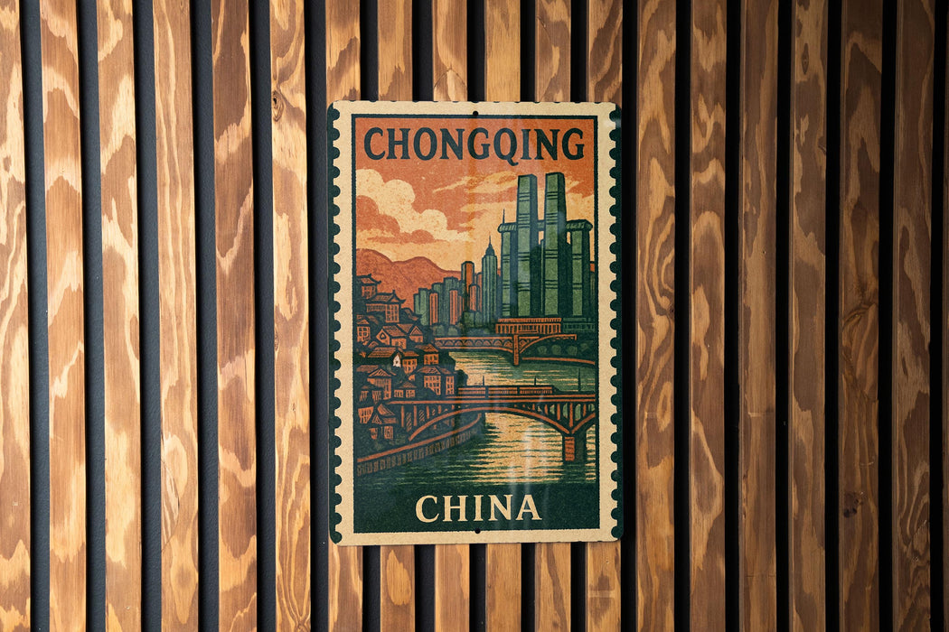 A vintage postage stamp from China depicting a cityscape with a bridge and mountains in the background.