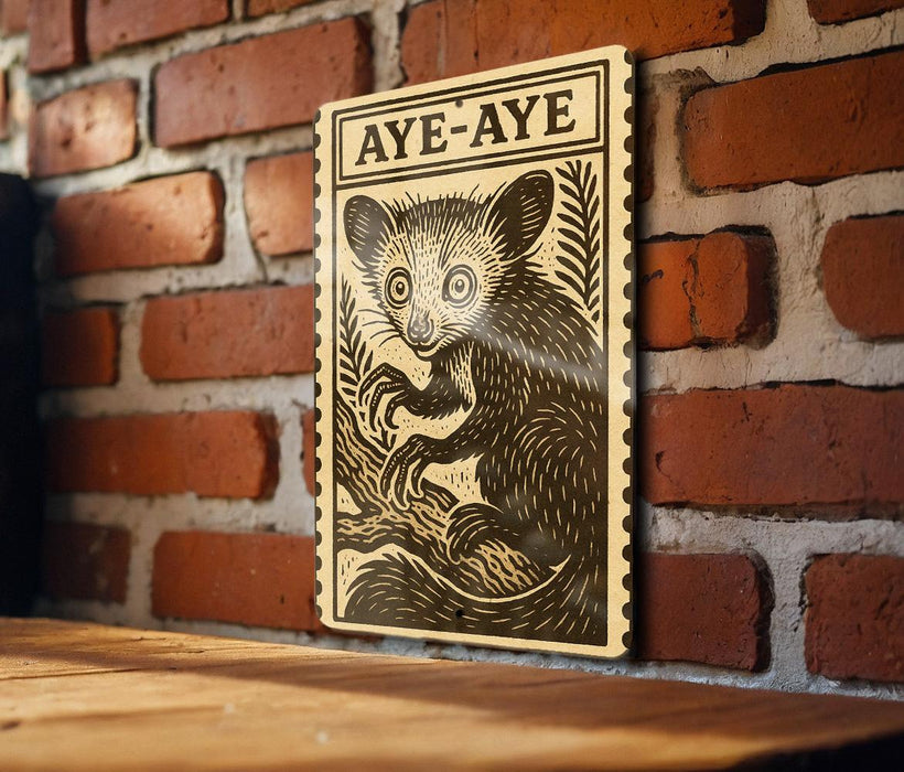 a wooden table with a framed illustration of a cute animal, likely a koala, on it. The frame has a decorative border and the word "Aye-Aye" written on it.