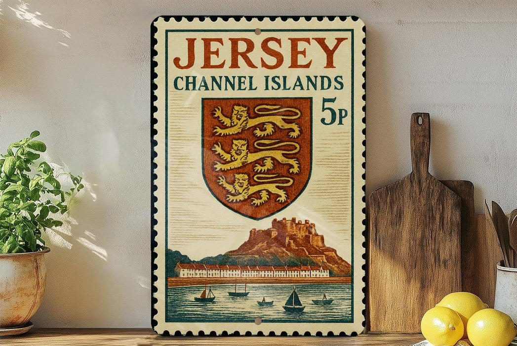 A Jersey Channel Islands postage stamp is displayed on a wall, with a wooden cutting board and a potted plant to the left.