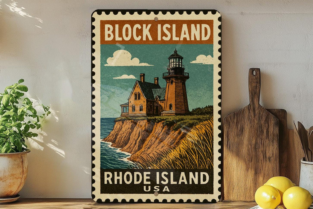 A vintage-style metal sign depicting a lighthouse on Block Island, Rhode Island, USA.