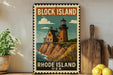A vintage-style metal sign depicting a lighthouse on Block Island, Rhode Island, USA.