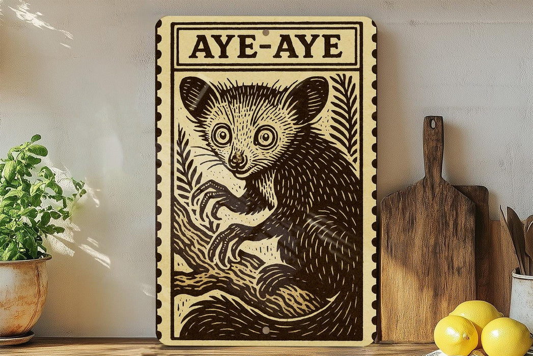 a wooden sign with a drawing of a cat, a potted plant, a wooden cutting board, and some lemons on a shelf.