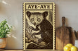 a wooden sign with a drawing of a cat, a potted plant, a wooden cutting board, and some lemons on a shelf.