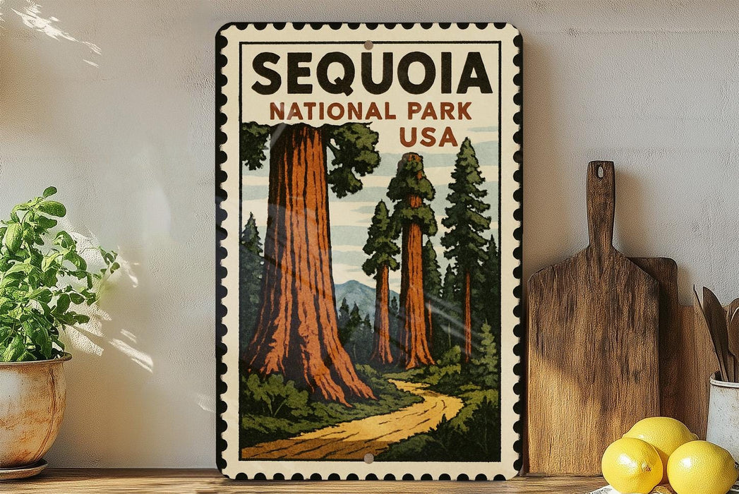 A framed vintage-style poster of Sequoia National Park in the USA, featuring a scenic illustration of towering sequoia trees and a winding path through the forest.
