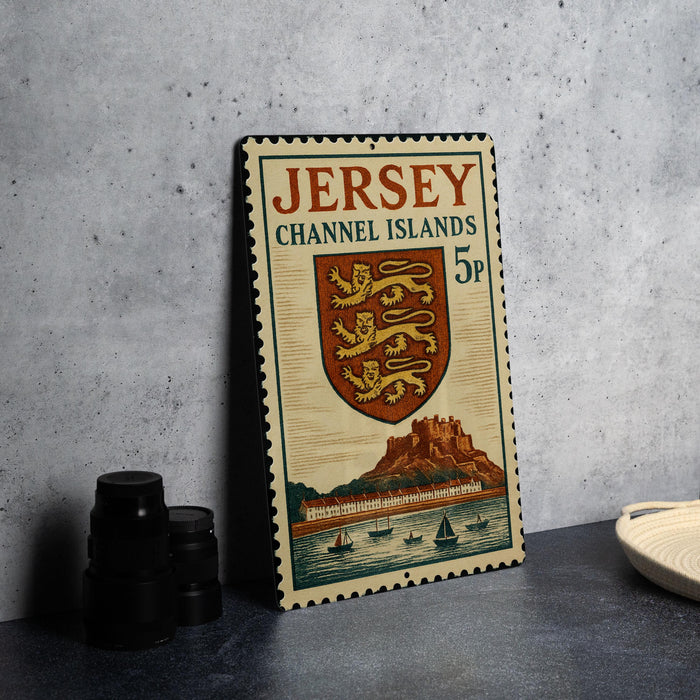 A Jersey Channel Islands postage stamp is displayed on a table, featuring a shield with a lion and a castle, along with a 5p denomination.