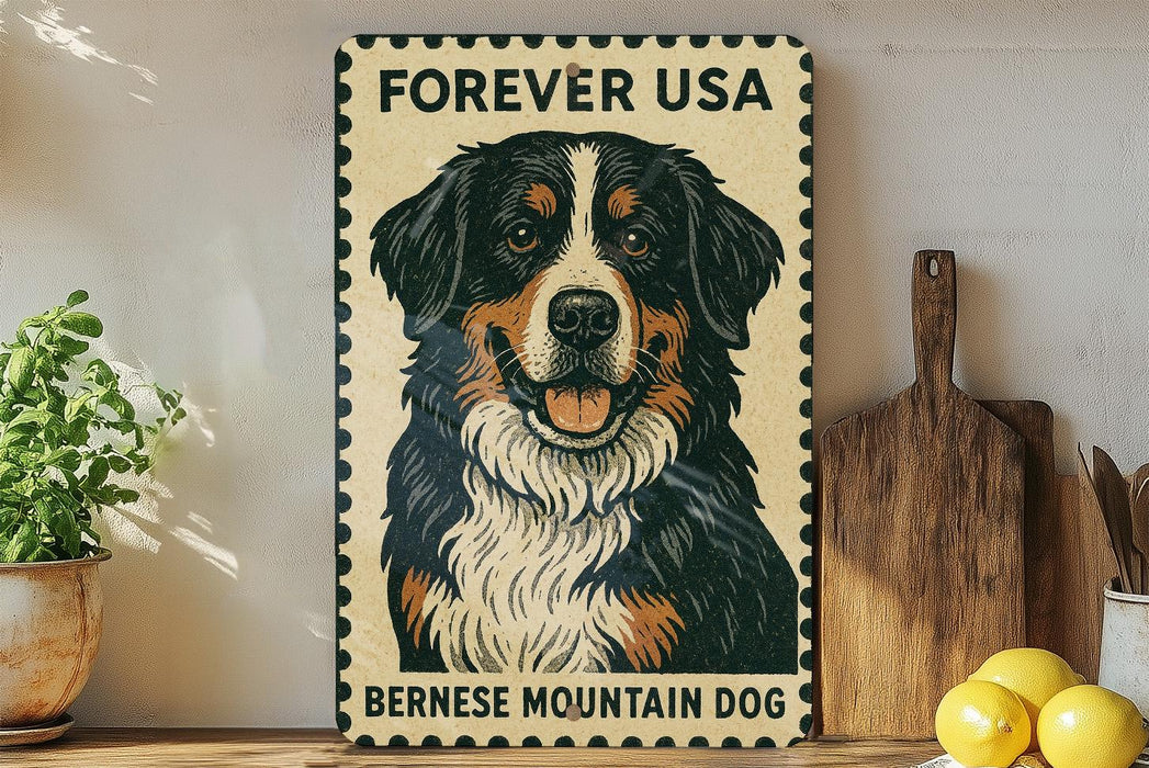 A Bernese Mountain Dog poster is displayed on a shelf, accompanied by a wooden cutting board and a potted plant.